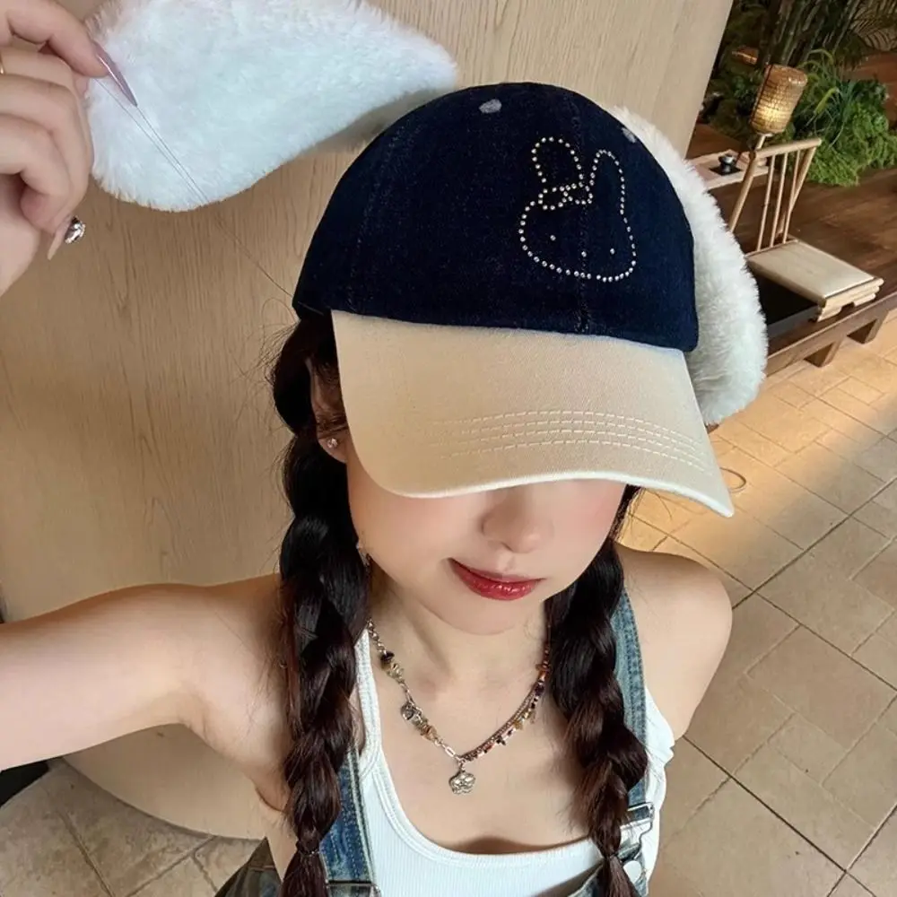 

Casual Cute Baseball Cap Plush Rabbit Ear Rhinestone Peaked Cap Y2k Versatile Visors Hat Women