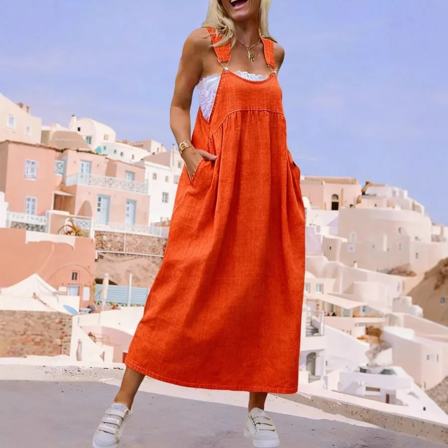 

【New Arrival】Orange Denim Overall Maxi Dress, Sleeveless Loose Fit with Side Pockets Casual Summer Dress for Women