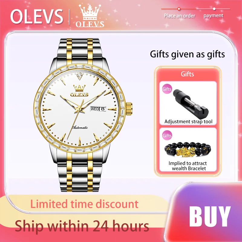 OLEVS Top Wristwatch Luxury Brand Dual Calendar Waterproof Men's Watches Diamond Dial Automatic Mechanical Watch Simplicity