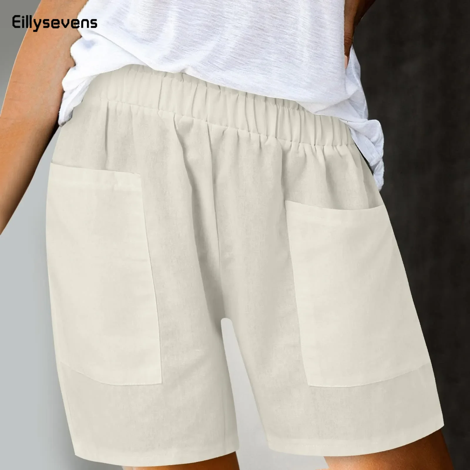 

Short Pants With Drawstring High Waist Solid Color Double Pockets Thin Linen Wide Leg Women Casual Shorts Outdoor Streetwear