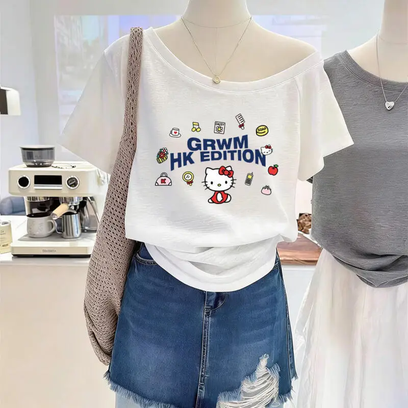 Short-Sleeved T-Shirt Hello Kitty Slanted Shoulder Cartoon Print Design One-Shoulder Temperament New Female Spring Summer Ins - view 4