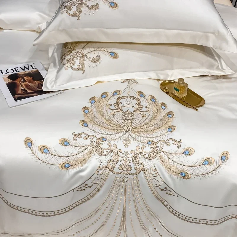 Gold Peacock Feather Embroidery Luxury Bedding Set 100% Egyptian Cotton Duvet Cover Set Or Pillowcases Or Quilt Cover Three Size