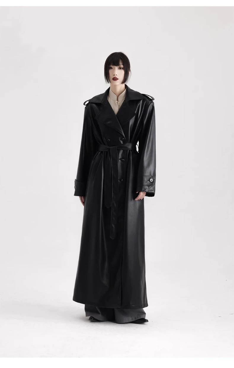 Lautaro Spring Autumn Extra Long Black Soft Pu Leather Trench Coat for Women Double Breasted Loose Casual Korean Fashion 2024
