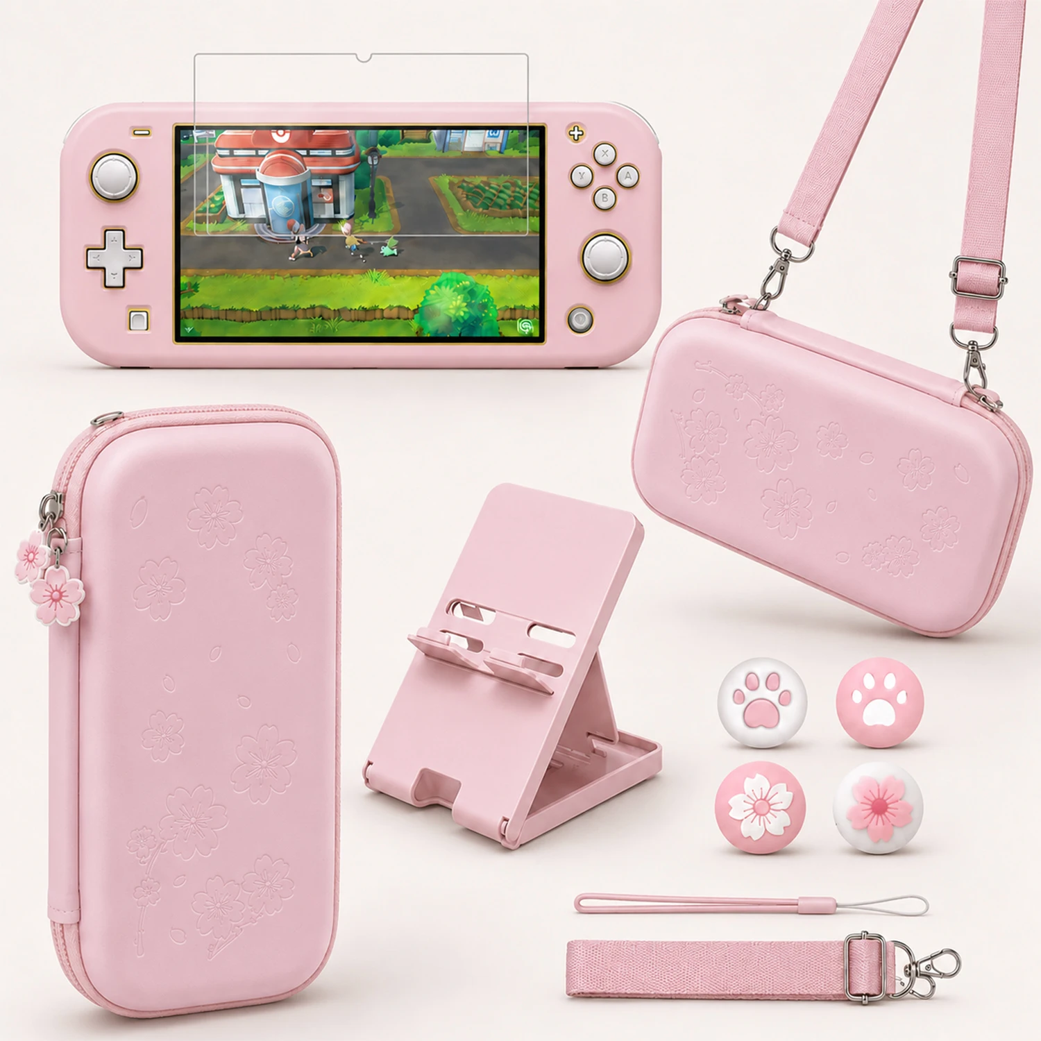 Różowe etui podróżne Akcesoria do Nintendo Switch Lite Cute Sakura Poch Torba transportowa z paskiem Stojak Temper Film Glass Protector