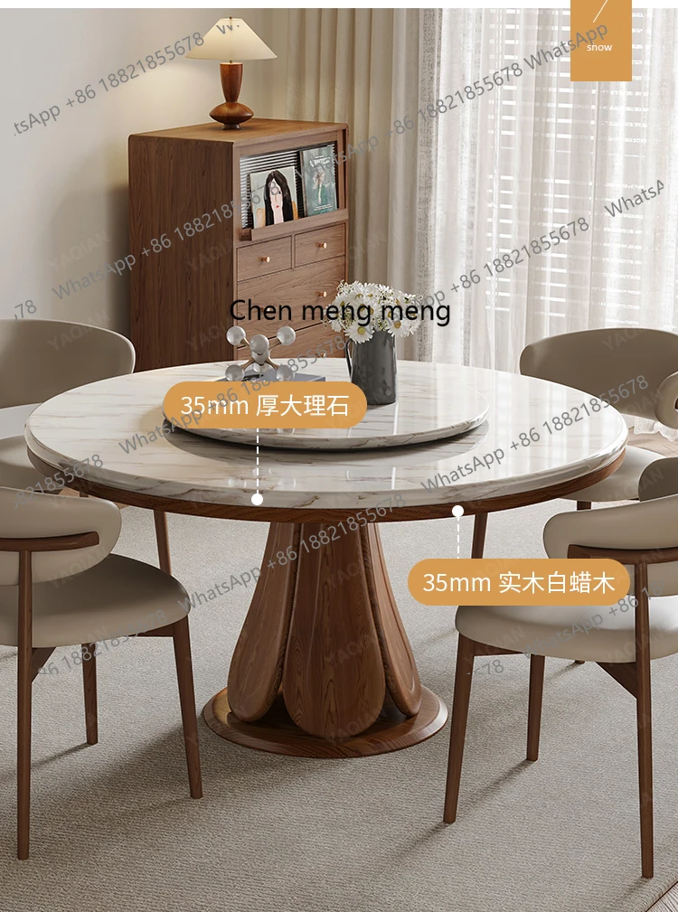 Marmor-Esstisch und Stühle, Kombination aus modernem, schlichtem, rundem Esstisch für den Heimgebrauch in einem mittelalterlichen Stil aus Massivholz