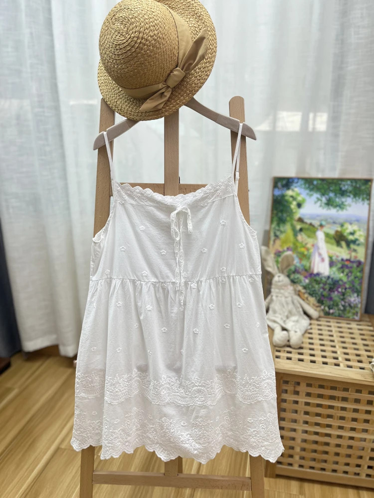 

Sweet Style Embroidered Lace Patchwork Strap Dress Loose Princess Style Layered Long Skirt Cotton Mid-Length Color Wome...