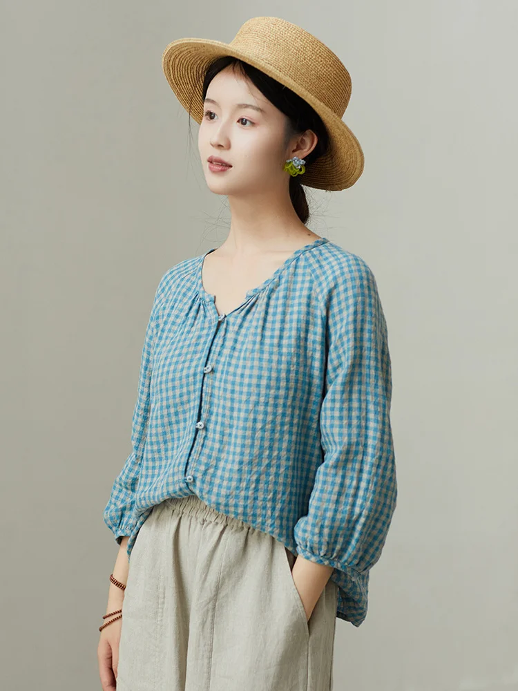 

Wanheng N84 Starry Summer Plaid irt V-ne Seven-quarter Sve Цветной льняной женский повседневный топ Faion