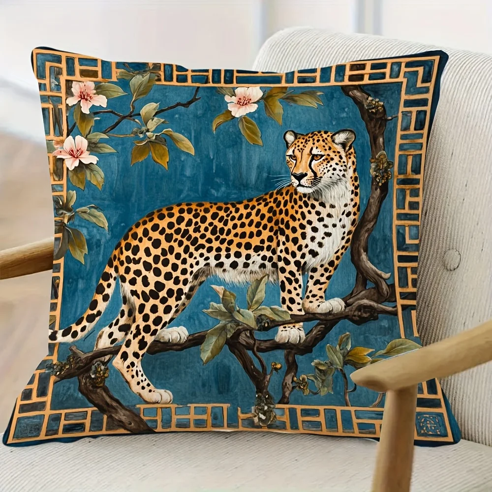 1pc Luxury Living Room Leopard Pillow Cover, Polyester 2D Double-Sided Print, Chinoiserie Cheetah Cushion, Perfect Gift for Orie