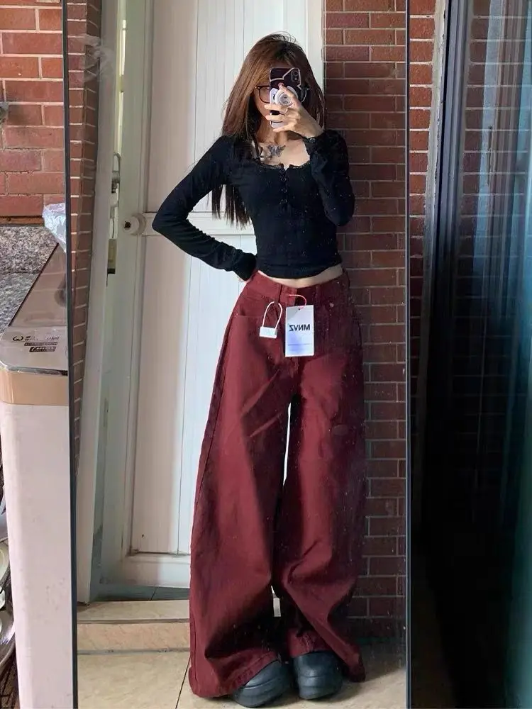 

American High Street Women's Red Workwear Jeans Spring High Waist Loose Slim Wide Leg Floor-Length Pants Casual Sle