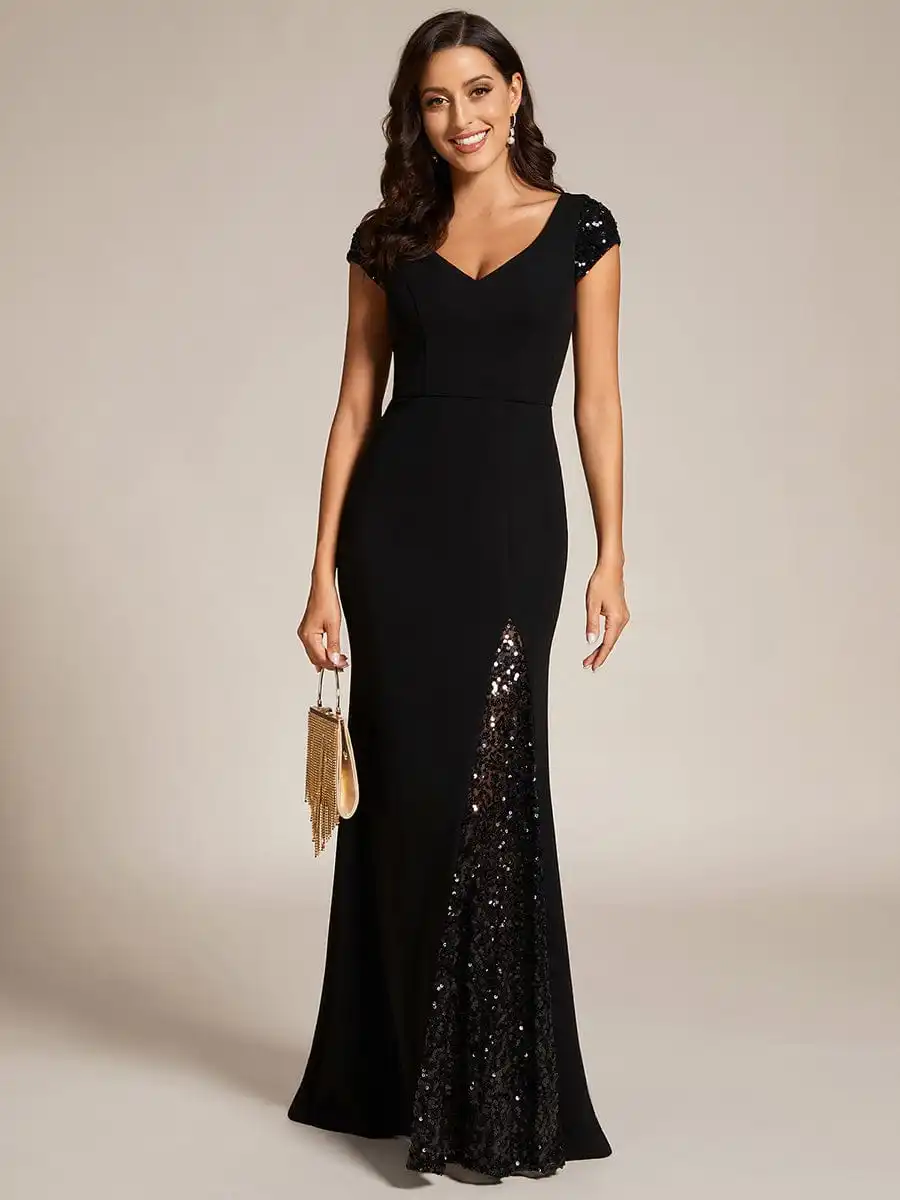 

Gorgeous Evening Dresses Sleeveless Deep V Neck Floor-Length 2024 of Fishtail Chiffon black Bridesmaid Dress