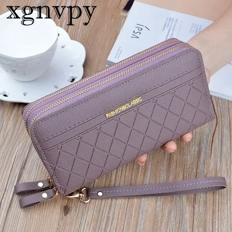 xgnvpy Women's Wallet Female Purses Tassel Coin Purse Card Holder Wallets Double Zipper Pu Leather Clutch Luxury Money Phone Bag