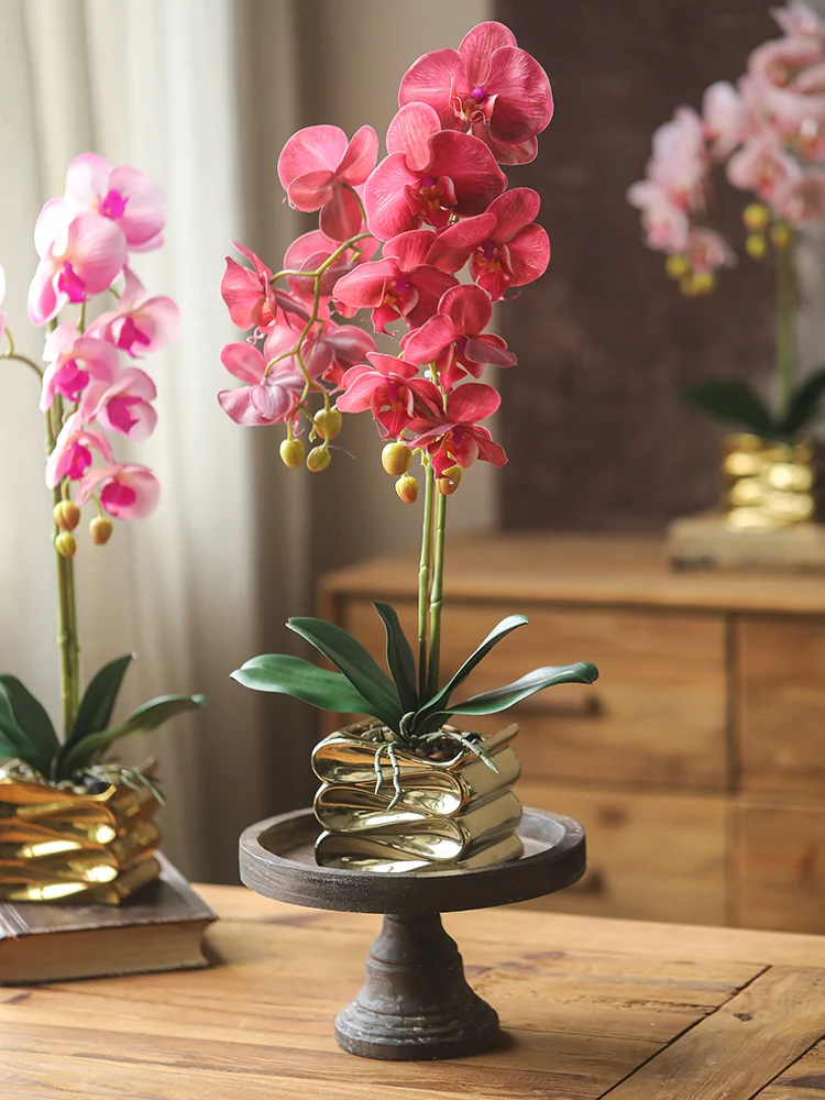 

Gold Ripple Pot 2 Forks Simulated Phalaenopsis Orchid Artificial Flower Silk Flower Retro New Chinese Style