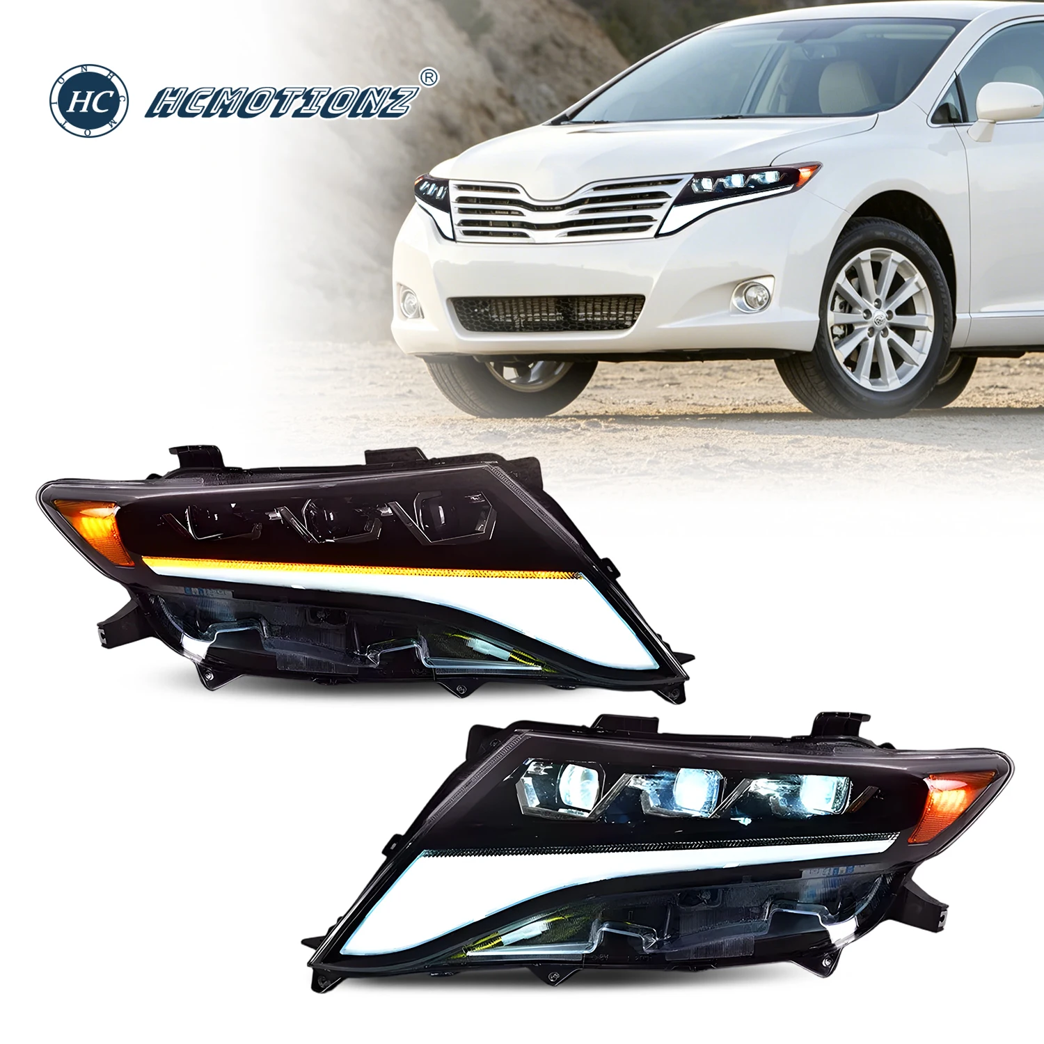 HCMOTIONZ Front Lights  for Toyota Venza 2009-2016 AV10 with Start-up Animation DRL Sequential Signal LEDHead Lamps Assembly