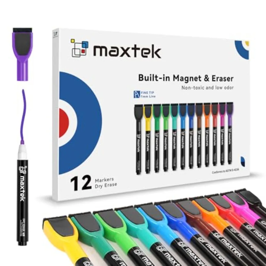 Magnetic Whiteboard Markers - 12 Count Colorful Fine Tip Dry Erase Markers with Eraser for,Low Odor Thin Markers for Calendar B