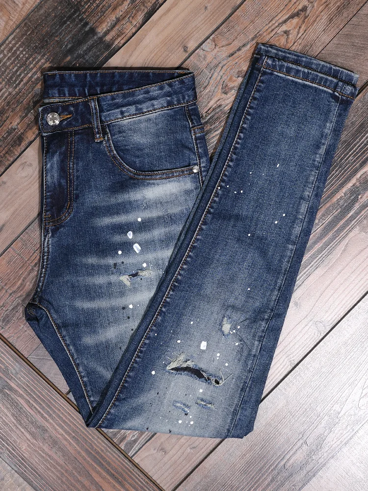 

Винтажные мужские джинсы с разбрызгами чернил и рваными заплатками, потертые пятна, ретро, эластичные узкие брюки