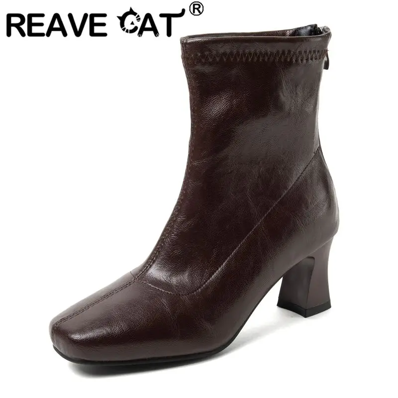 REAVE CAT Wide Foot Shoes Square Toe 6.5cm Block Heel Zipper Small Plus Size 32 33 46 47 48 Office Lady Ankle Botas Red Black