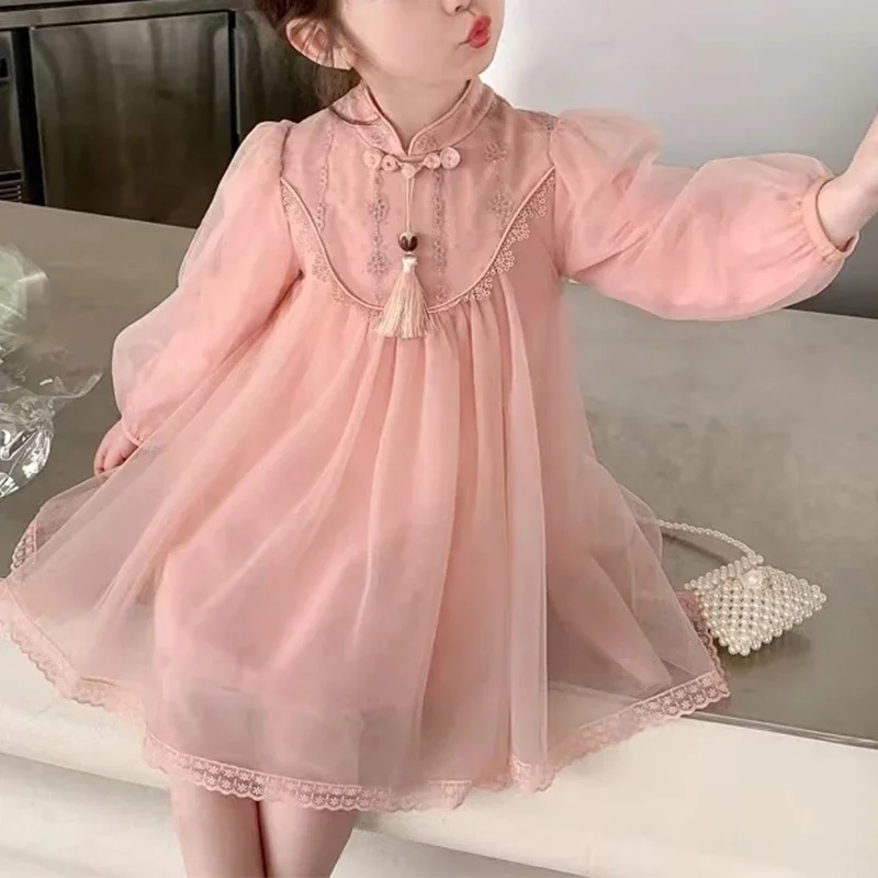 

Autumn Winter New Chinese Style Fashion Harajuku Girls Dress Kawaii Loose Cute Party Dress Long Sleeve Sweet Children's Clothing