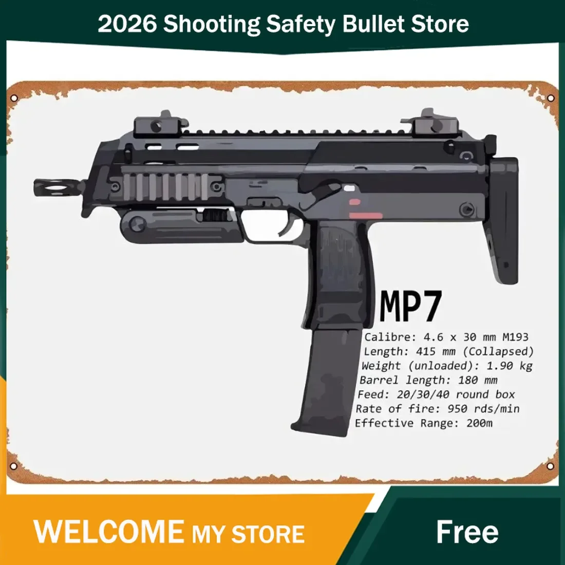 2026 New 12x8 Inch Military Fan Gift MP7 PDW Sub Machine Gun Metal Wall Decor For Man Cave Pub Bar