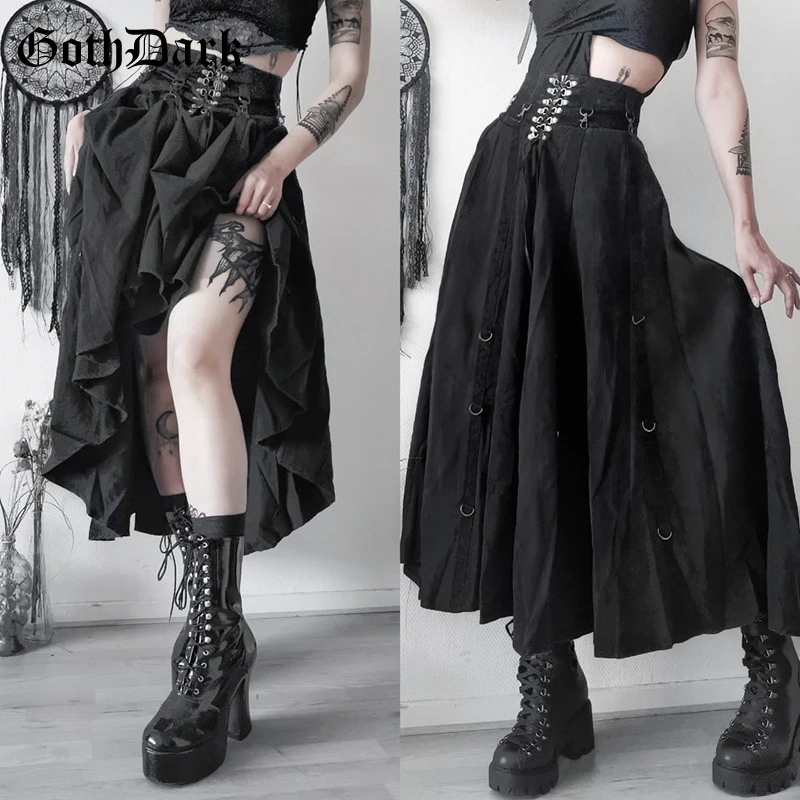 Goth Dark Acubi Fashion Black Swing A-line Skirt Punk Grunge Metal Buckle Streetwear Women Bandage Skirts Mall Gothic Alt Cloth