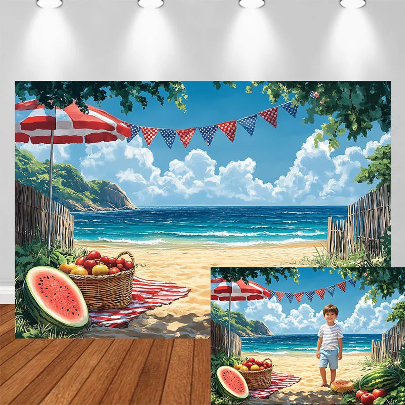 

LS Independence Day Photography Background Beach Watermelon Parasol Camping Decor Adult Kids Portrait Photo Backdrop Studio
