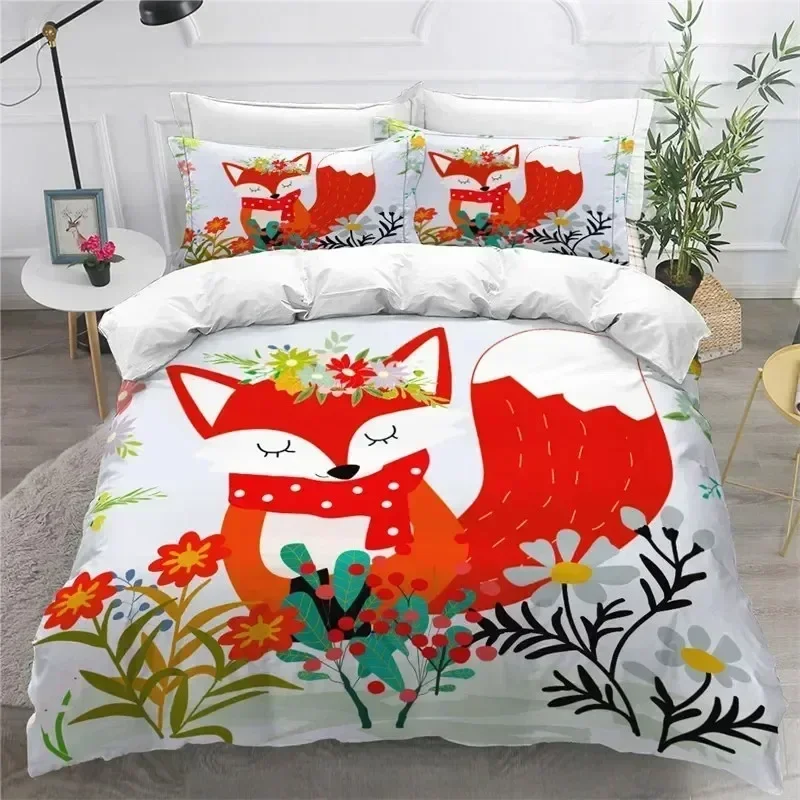 

Cartoon Fox Duvet Cover Microfiber Bedding Set Lovely Animal Theme Comforter Cover King soft For Kids Adults Girls Bedroom Decor