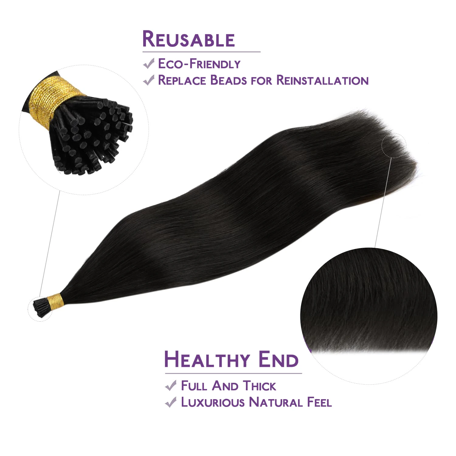 #1B Natural Color I Tip Extensions Real Human Hair Straight Natural Black 100% Remy Itip Human Hair Extensions Invisible Itips