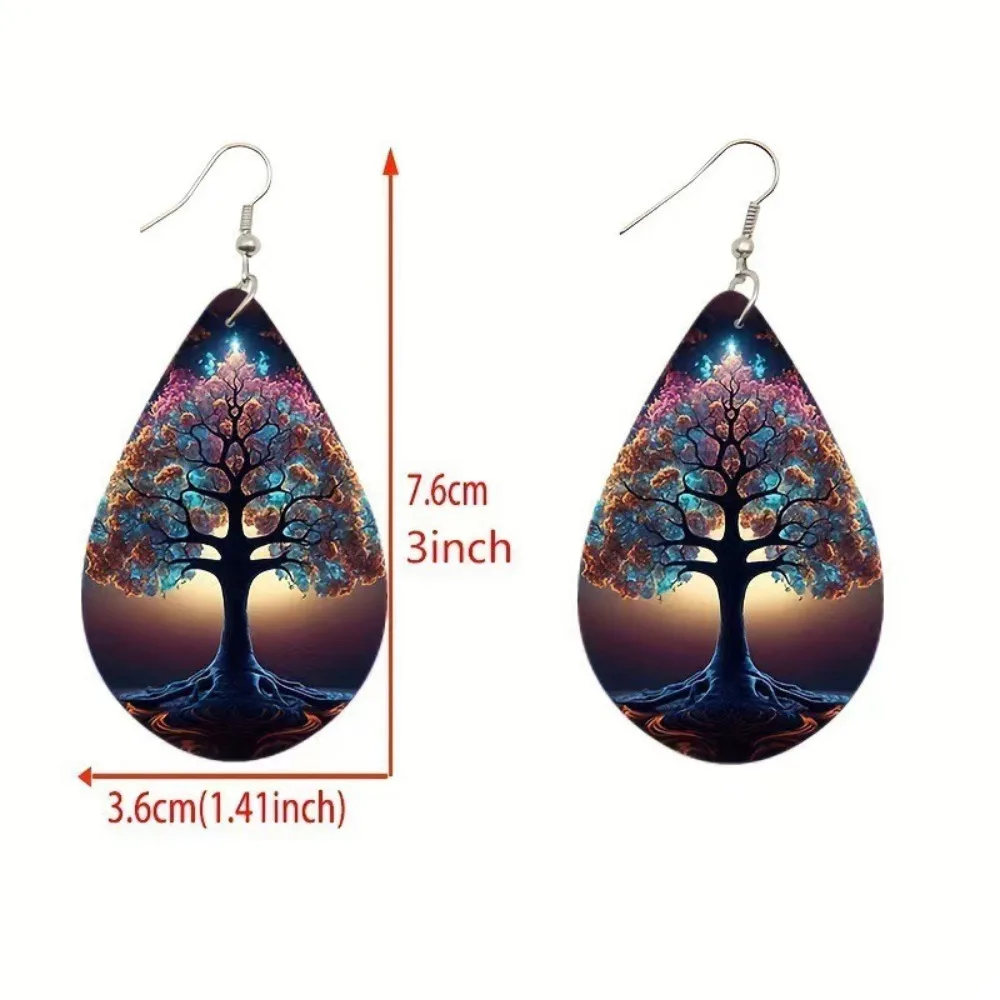 2D Flat Bohemian Style Tree Printed Wooden Water Drop Earrings Fashion Green Natural Dangle Hook Earring Jewelry Gifts for Women