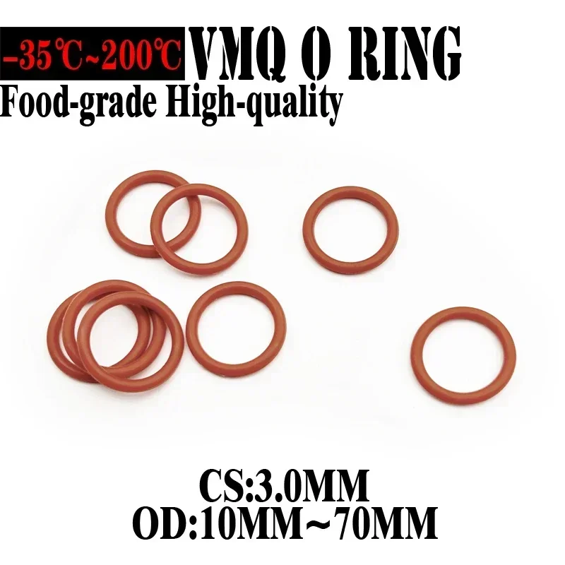 50pcs 빨간색 VMQ 실리콘 O 링 CS 3mm OD 10 ~ 70mm FoodGrade 방수 와셔 고무 절연 원형 씰 가스켓