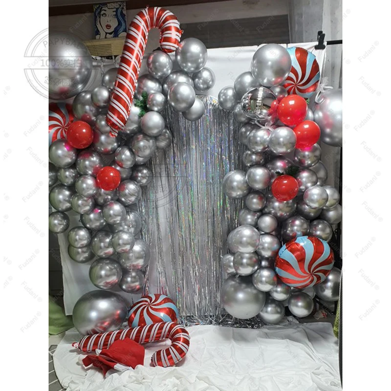 108pcs 5/10/18inch Red Silver Balloons Arch Garland Kit For Christmas Party Decorations Candy Cane Foil Balls Globos Supplies