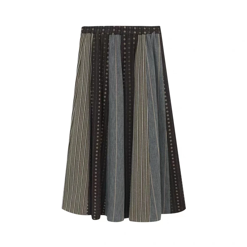 Ethnic Style Retro Personality Versatile Elastic Waist Skirt New Women Autumn And Winter Fashion Casual Patchwork Umbrella Skirt