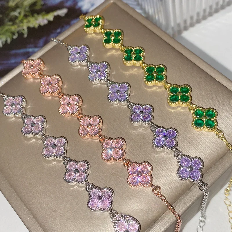 

MDLFES Moiss..nite style Sakura new clover colorful treasure zircon bracelet plated 18k simple micro-set