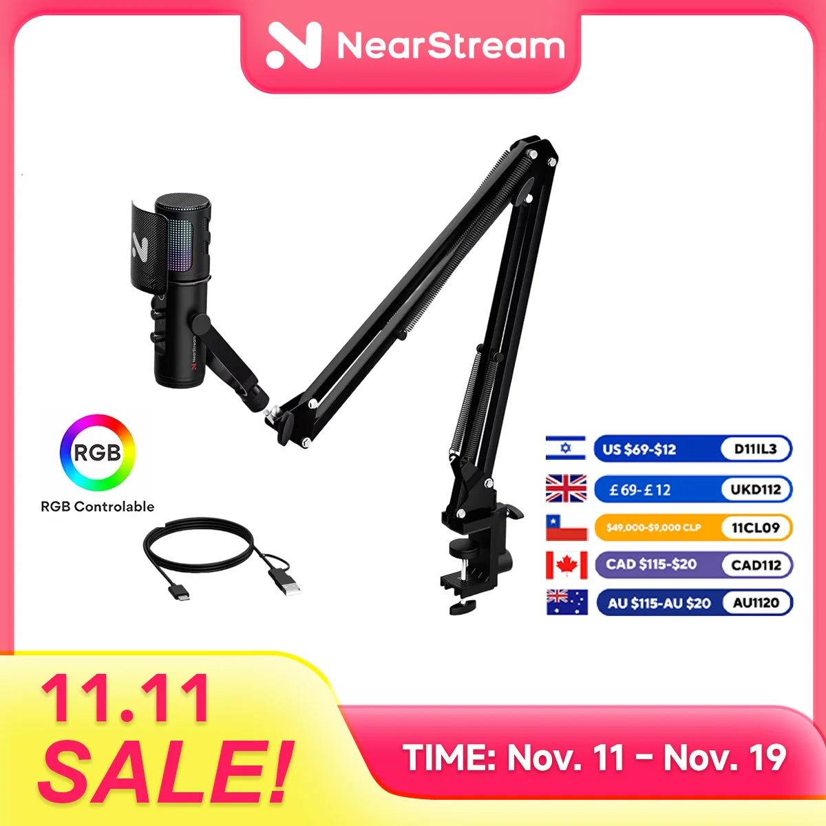 

NearStream USB/XLR Condenser Micro Gaming Microphone with 8 RGB Modes Lighting,Boom Arm for Streaming on PC/PS5,Gamer Microphone