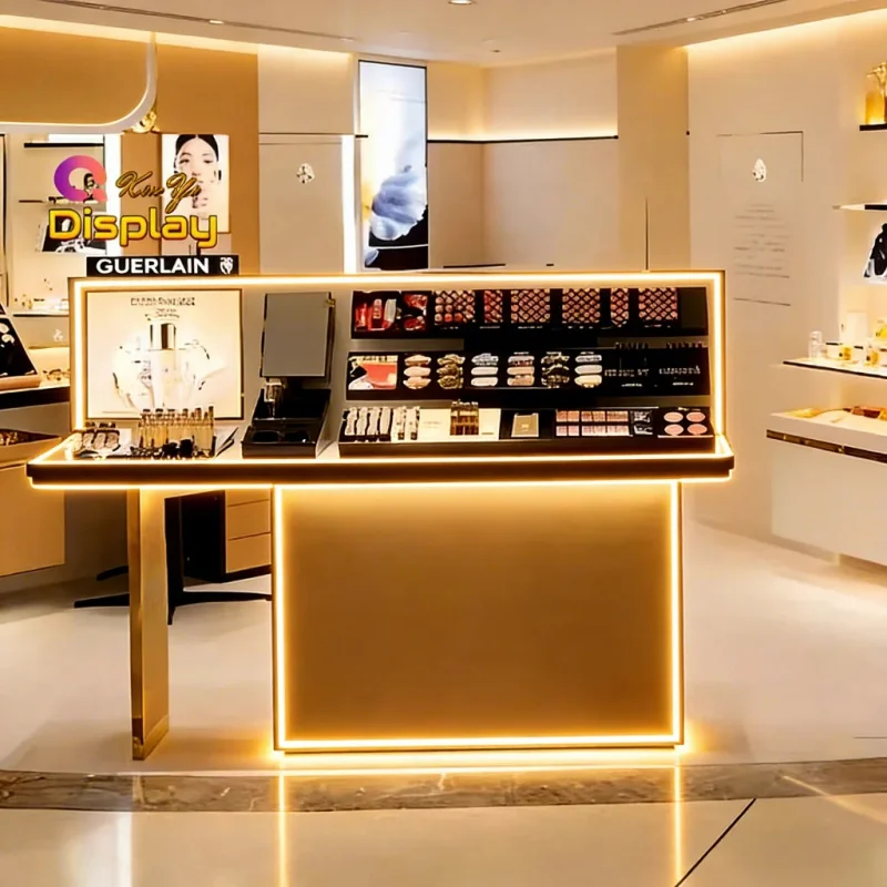 custom.Luxury Gold Painted LED Modern Makeup Shop Showcase Custom Stainless Steel Glass Back Display Cabinet Mall E
