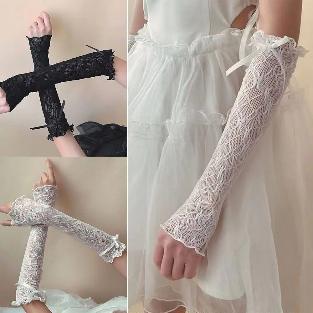 Harajuku Lace Ruffle Lolita Lace Gloves Bowknot Strapping Mesh Arm Warmers Black White Japanese Mittens Cosplay Accessories