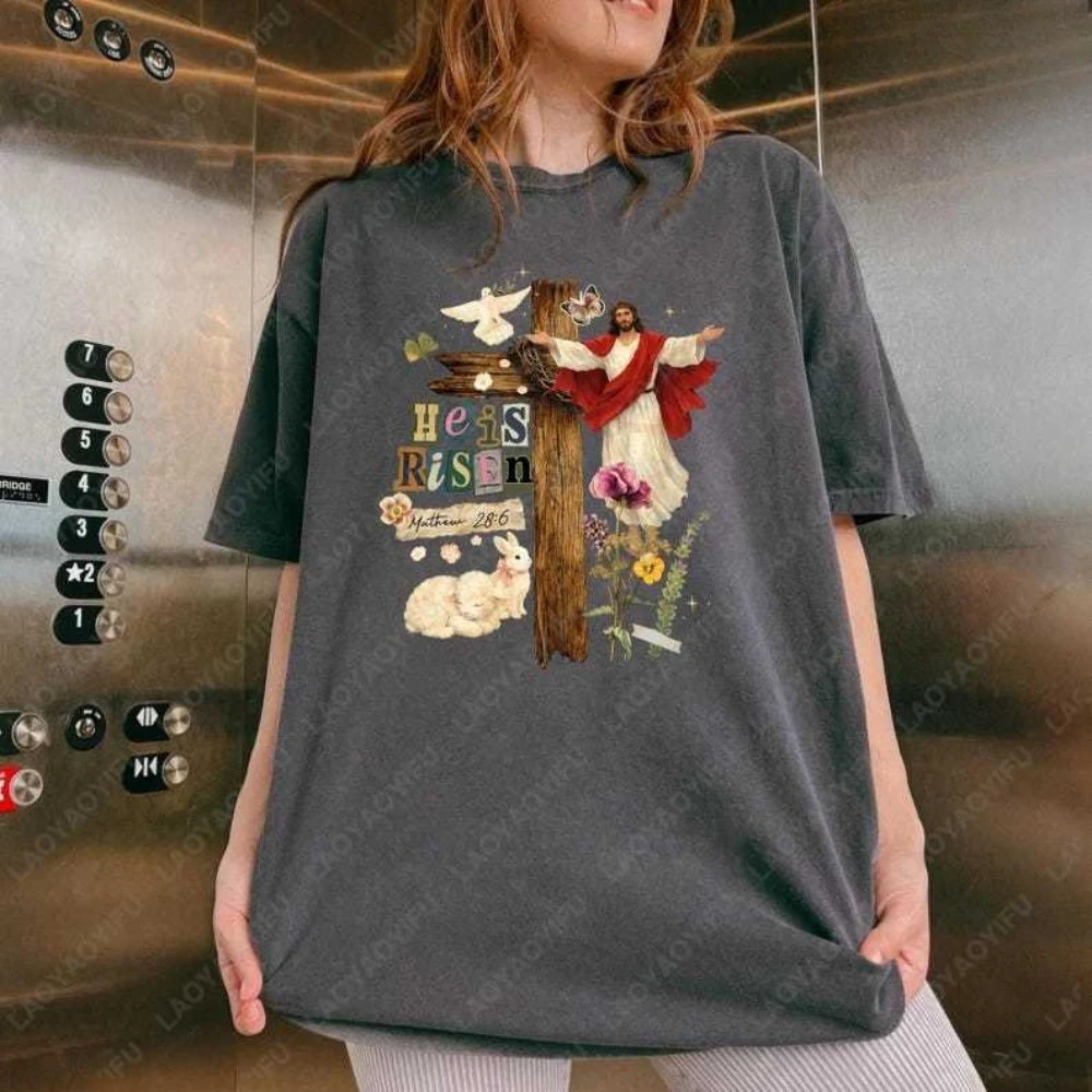 

Jesus He Is Risen Cotton T-Shirt Christian Cross Faith Shirt Bible Verse Matthew 28:6 Tshirt Funny Easter Gift Printed Tops