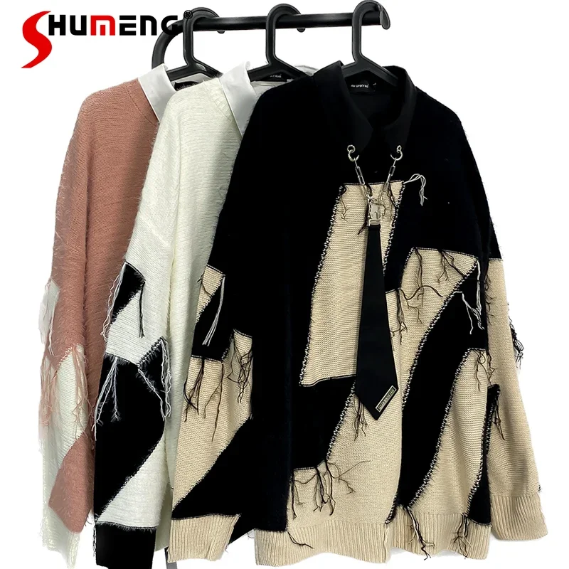 

Women's 2023 Autumn Winter New Sweaters Fashion Loose Color Contrast Knitwears Round Neck Long Sleeve Pullover Knitted Tops