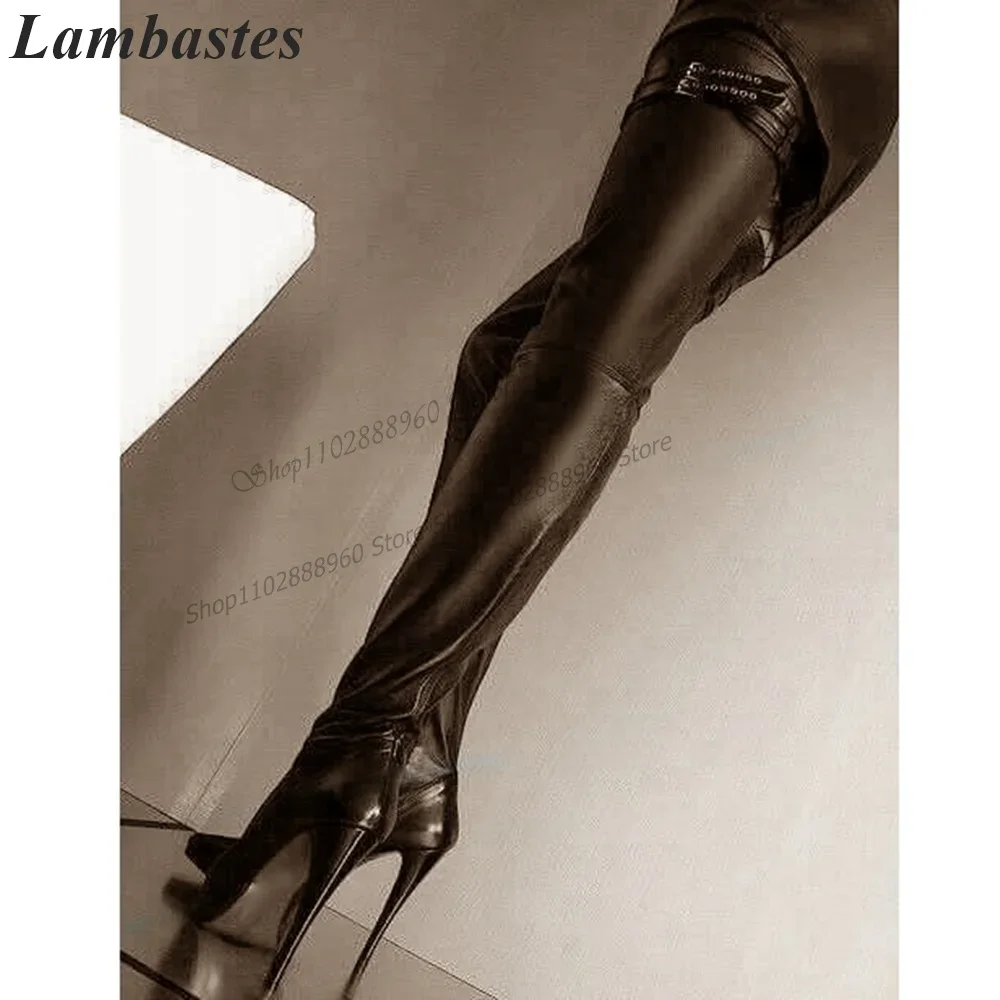 الفخذ العليا الأسود ماتي الجلود مشبك حزام الأحذية الخناجر عالية الكعب النساء أحذية الجانب سستة أشار تو 2023 Zapatillas Mujer