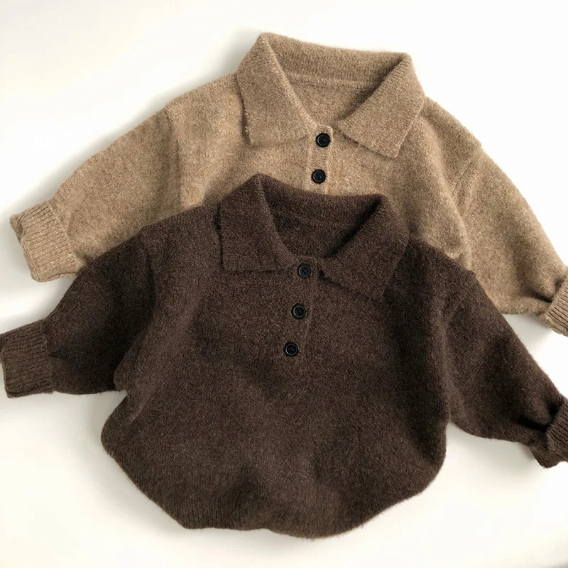 Korean version 0-6T Spring new children's lapel knit sweater children's fashion solid color pullover girl outdoor clothing