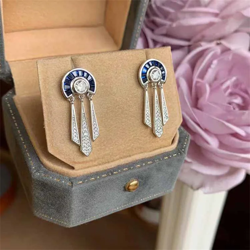 Elegant Vintage Women\'s Lab Sapphire Semicircle Tassels Zircon Drop Earrings 925 Silver Brilliant Anniversary Prom Fine Jewelry