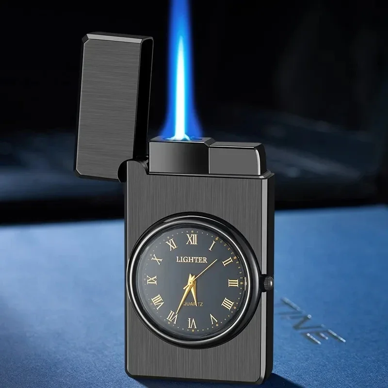 New Watch Clamshell Crisp Sound Gas Lighter Strong Windproof Blue Jet Flame Metal Turbine Torch One Key Efficient Ignition