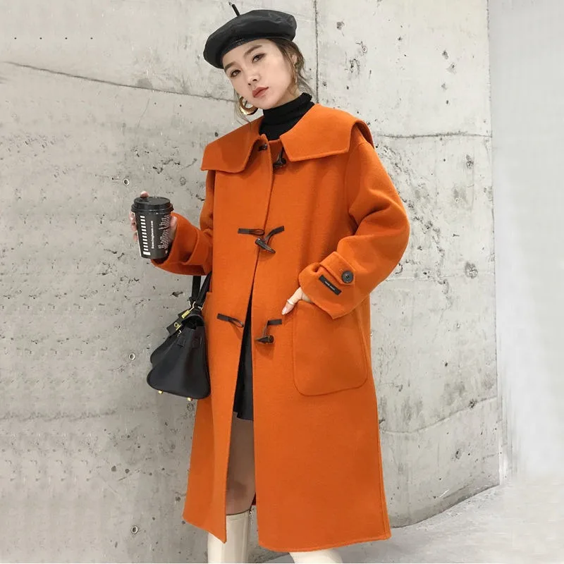 2023 Autumn Winter New Women Horn Button Reversible Cashmere Coat Female Loose Casual All-Matching Solid Color Woolen Outwear