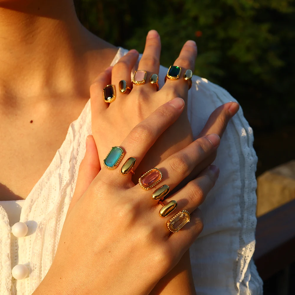 WILD & FREE Luxury Colored Zircon Stainless Steel Rings for Women Elegant Charm Vintage 18K Gold Plated Trendy Jewelry