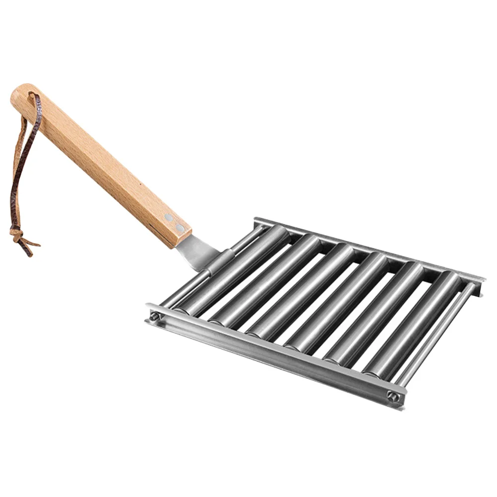 

Compact Sausage Roller Barbecue Grill Rack Wooden Handle Outdoor Portable Bbq Stand Stainless Steel Grill Rack for Camping