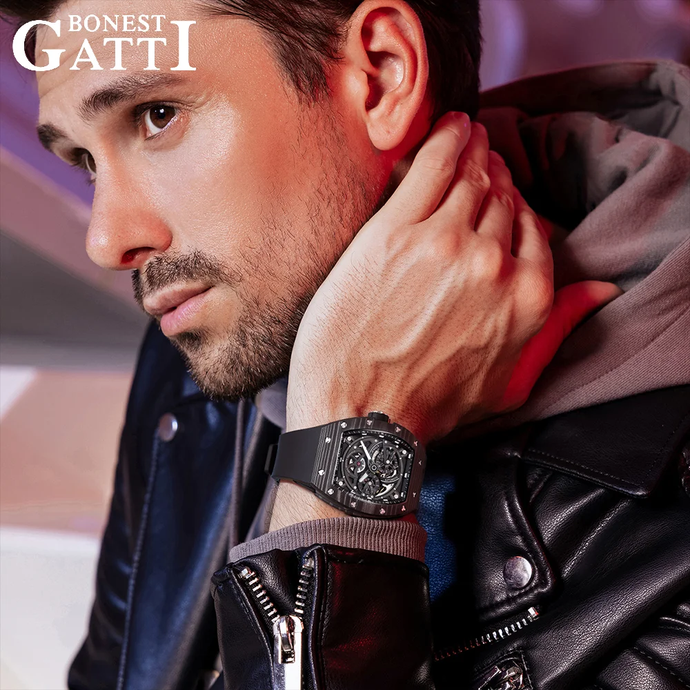BONEST GATTI German Brand Automatic Movement Mechanical Watch Business Carbon Fiber Bezel Tonneau 30ATM Night Light BG-9004