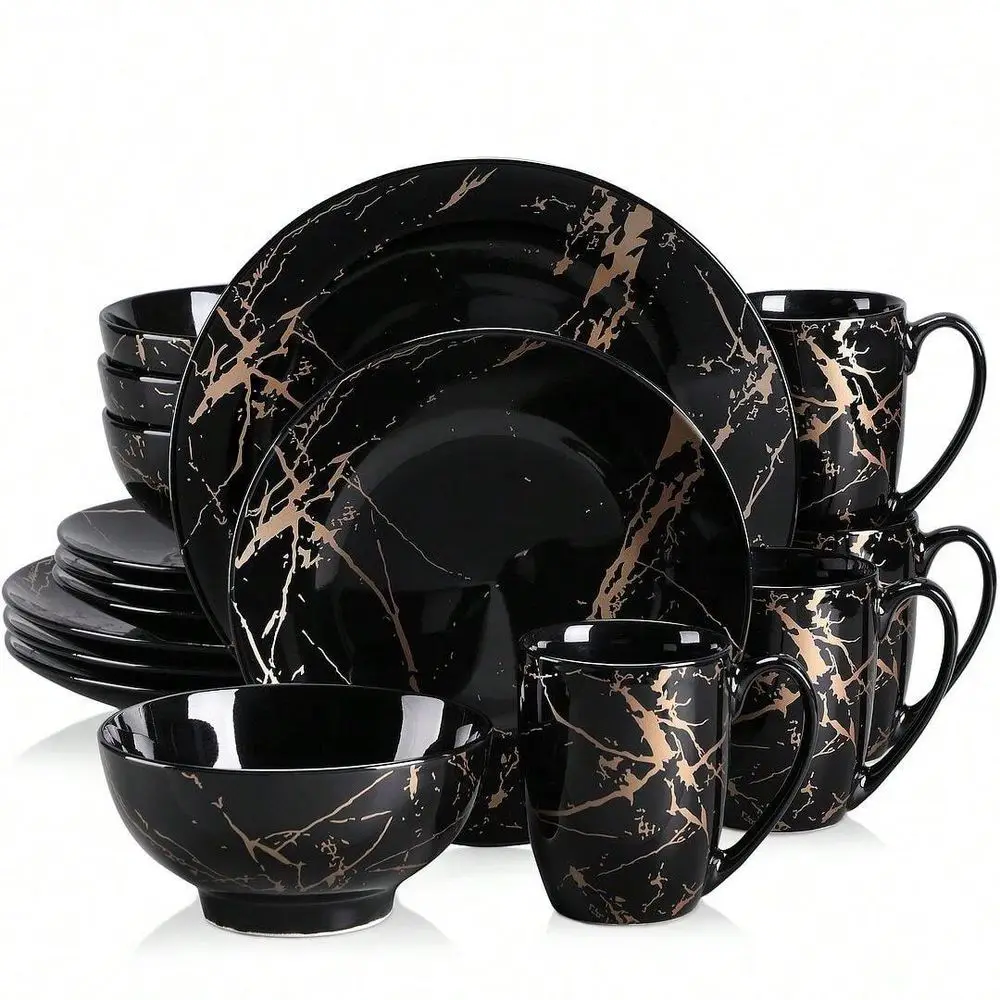 

16 Piece Procelain Dinnerware Set Design By Gold Splash With Dinner Plate,Cake Plate,Bowls,Coffee Cups