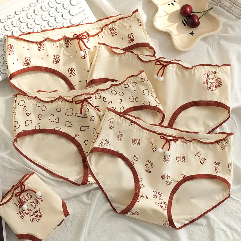 New Cute Cow Cotton Underwear Sexy Panties Women\'s Middle-waist Lingerie Briefs For Ladies Plus Size Pantys Underpants 5Pcs/Set