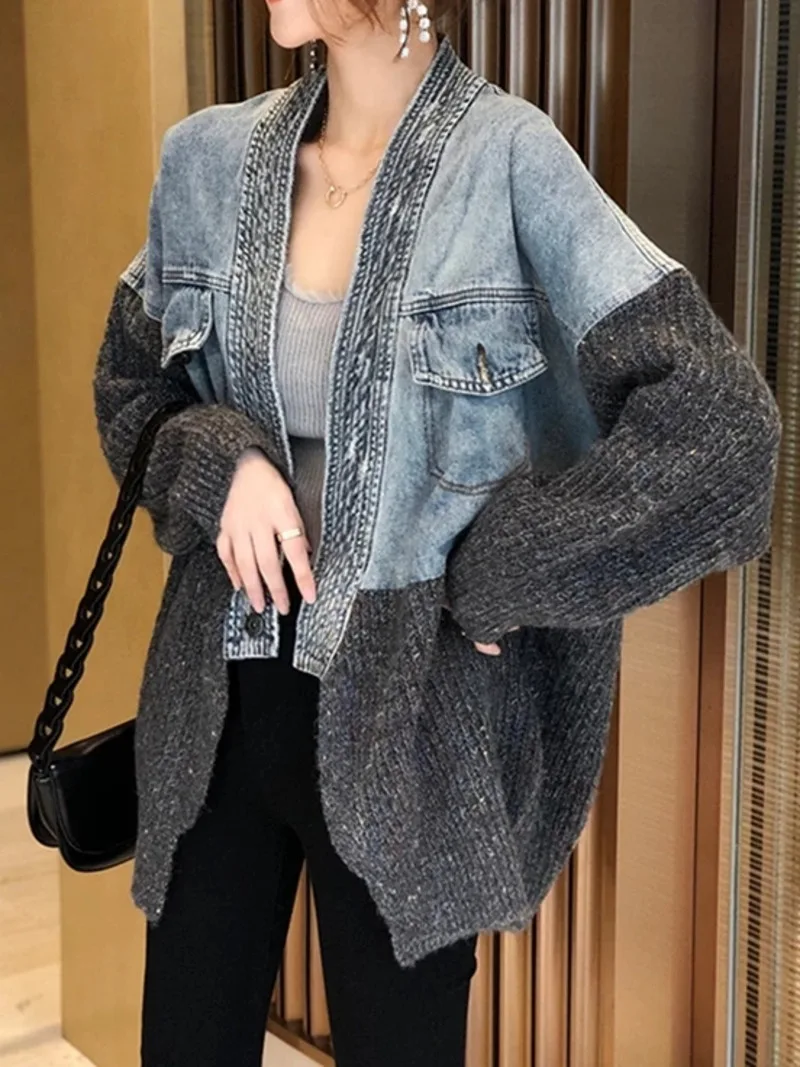 Jean Jacket Women Denim Jackets Knit Patchwork 2023 Spring Autumn Korean Youth Patchwork Denim Street Knitted Cardigan Jackets