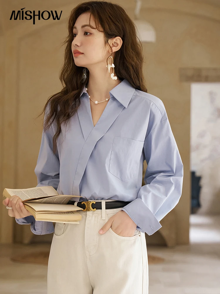 MISHOW French Retro Shirt for Women Spring 2024 Turn-down Collar V Neck Long Sleeve Top Solid Pocket Loose Shirts MXC44C0093