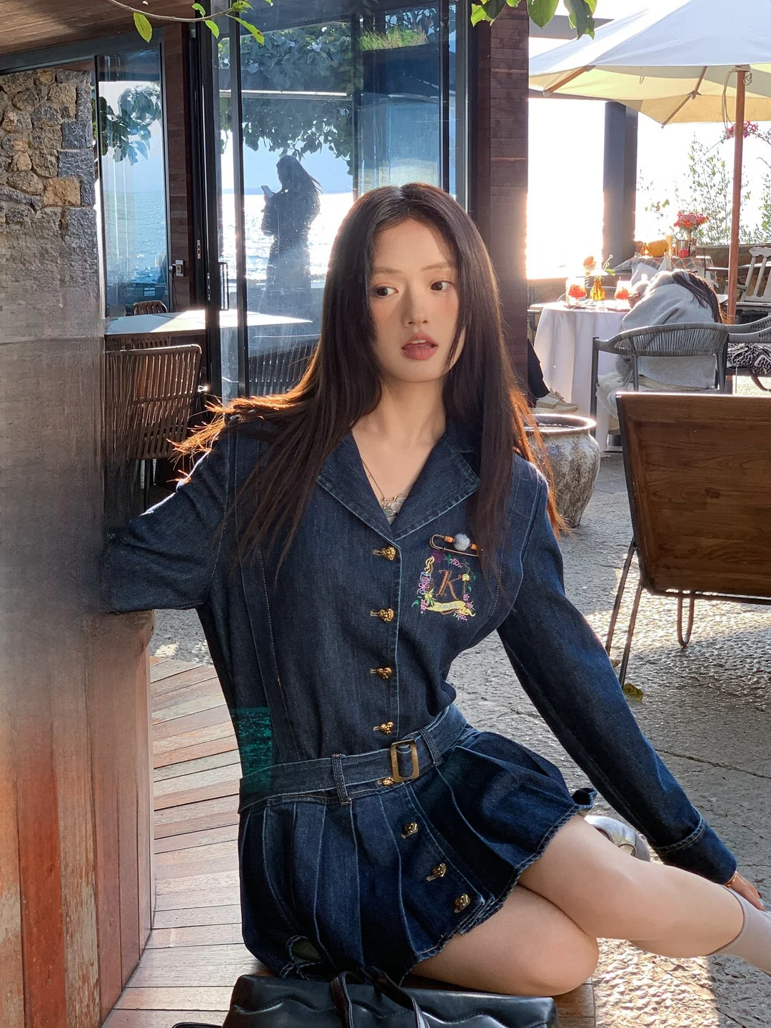 

Kulla Liangpin Korean Sle Two-Way Wear Denim Skirt Dr ort Sve Long Sve ature Women's Dr Busin Casual