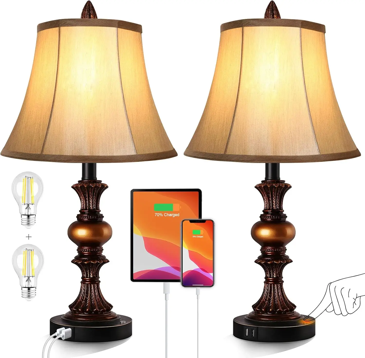 

Vintage Bronze Table Lamp Set with USB Charging, 3-Way Dimmable Touch Control for Bedroom Living Room